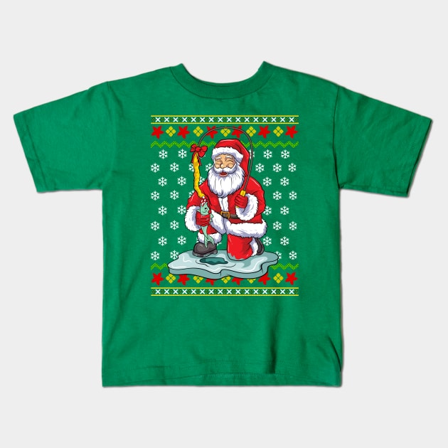 Ice Fishing Santa Claus Fisherman Ugly Christmas Sweater Kids T-Shirt by E